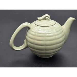 Vintage Ceramic Green Color Teapot with Lid Stripe Pattern 6" Tall